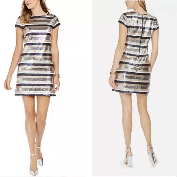 Vince Camuto Sequin Dress Womens Size 12 Navy Blue Gold Stripe - Picture 1 of 12
